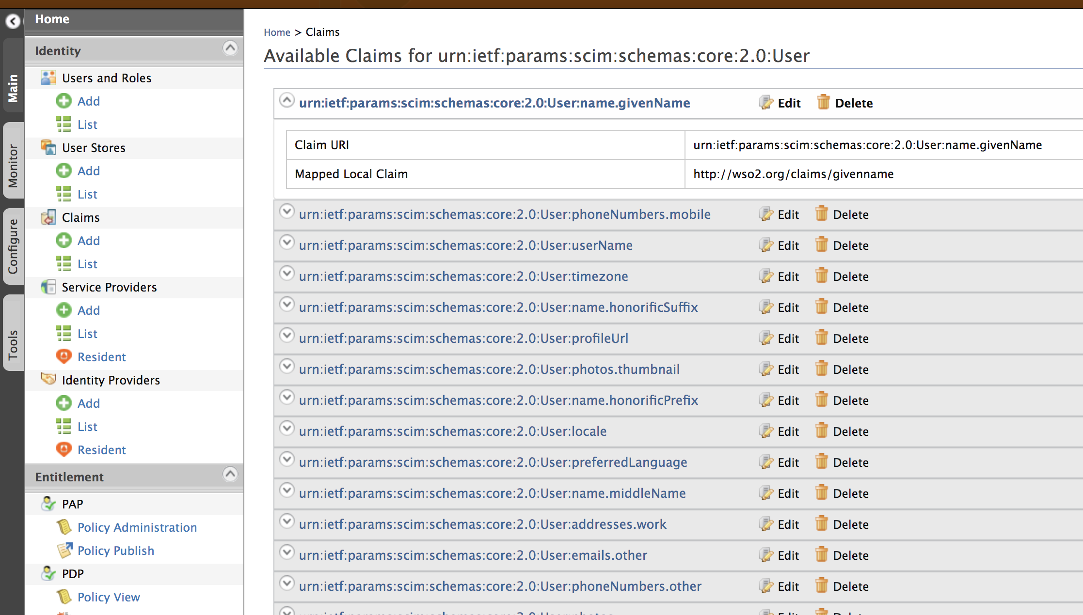 List of claims available for SCIM dialect