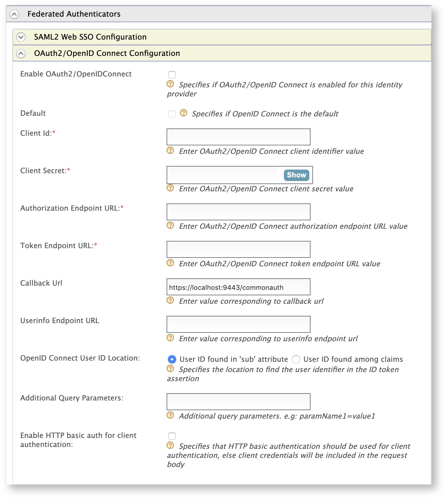 OAuth2/OpenID Connect Federated Authenticator Configuration screen