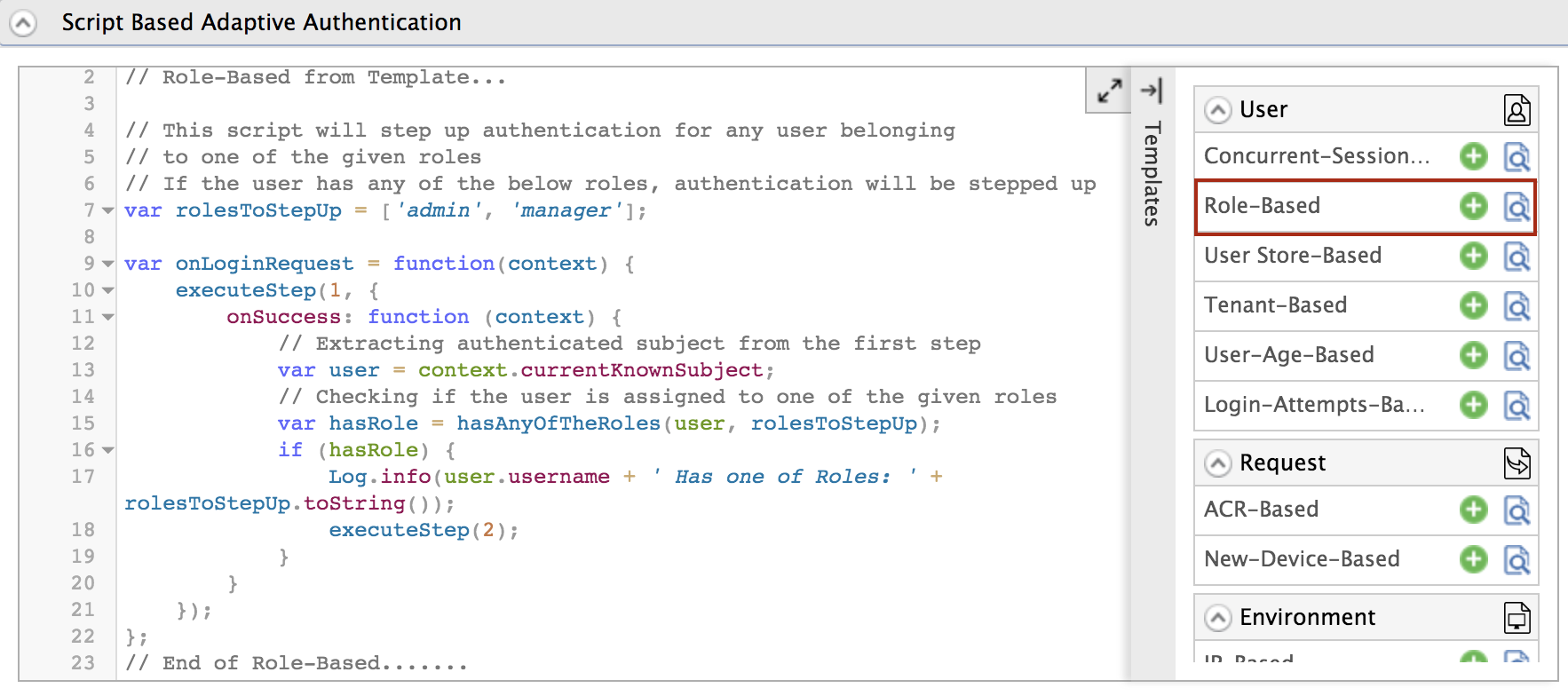 Role based adaptive authentication template